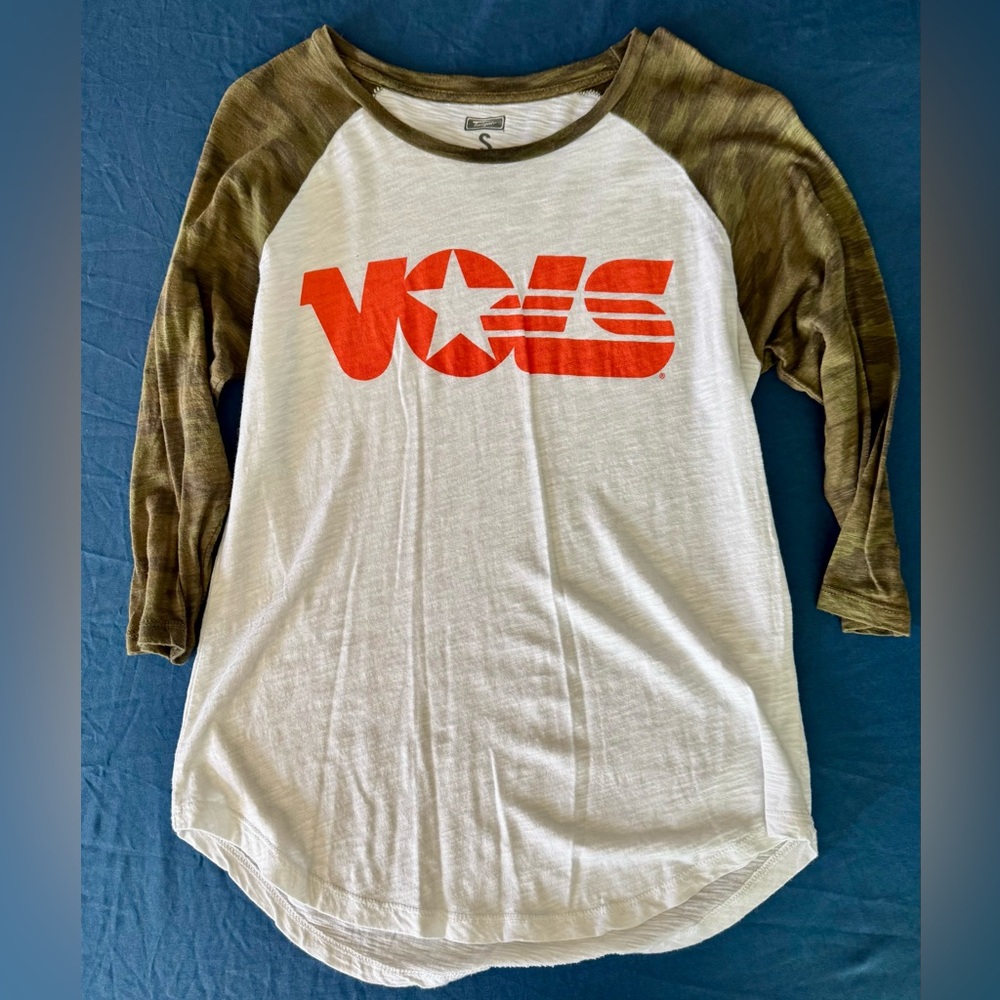 White and Orange Short Sleeve Tee with Bold Graphic